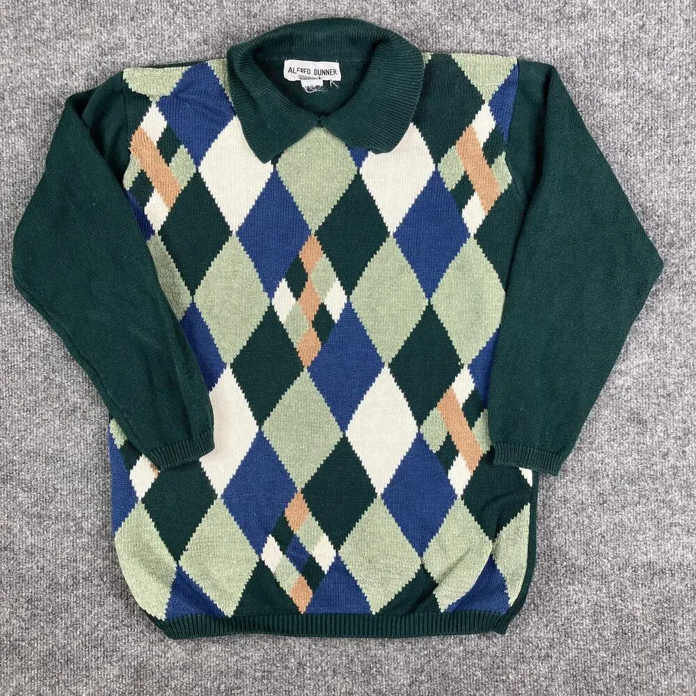 Alfred Dunner Sweater Womens Medium Green Blue Argyle Knit Collared‎ Preppy Warm